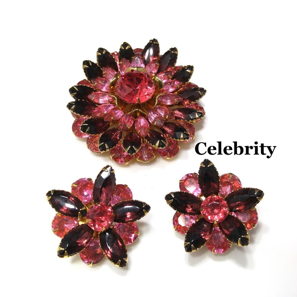 Vintage Celebrity Pink Purple Rhinestone Brooch Earring Set Gold Tone